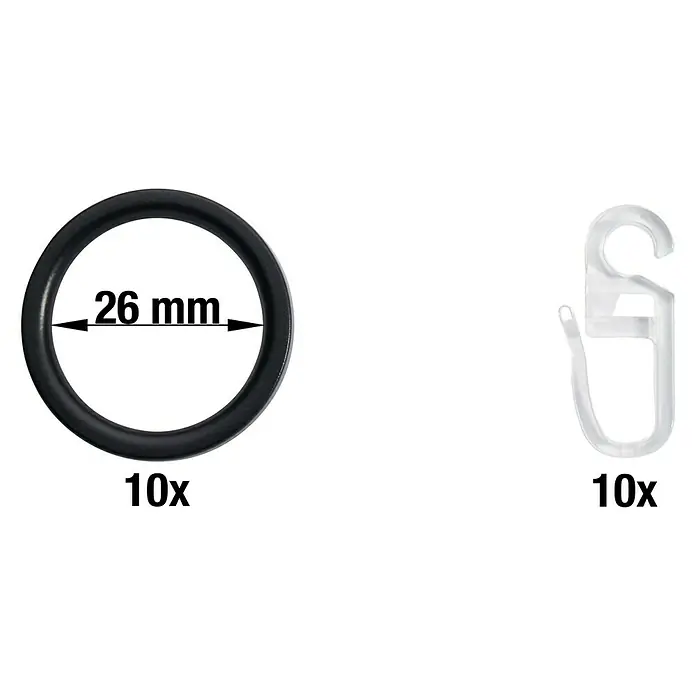 Expo Ambiente Flachring Jetran - Schwarz, Geeignet für: Gardinenstangen Ø 16/20 mm, 10 Stk. - Das Bild zeigt ein Set mit 10 schwarzen Gardinenringen mit einem Durchmesser von 26 mm und 10 transparenten Gardinenhaken für die Aufhängung.