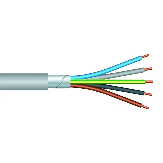 Mantelleitung geschirmt NYM(ST)-J 5x1,5 - Anzahl Adern: 5, 1,5 mm², 50 m - Ein detailliertes Bild eines mehradrigen Stromkabels mit farbcodierten Adern, freigelegt und bereit für den Anschluss.