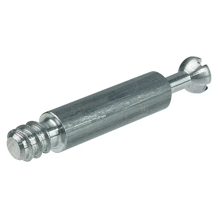 Häfele Perno de conexión - Largo: 45 mm, Longitud rosca: 11 mm - Primer plano de un perno de conexión para muebles plateado con extremo roscado y mango moleteado.