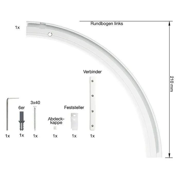 Rundbogen Level Verdunkelungssystem - Anzahl Läufe: 1 Stk., Weiß, Links gebogen - Produktbild eines Rundbogens links, inklusive Verbinder, Feststeller, Abdeckkappe und Befestigungsmaterialien.