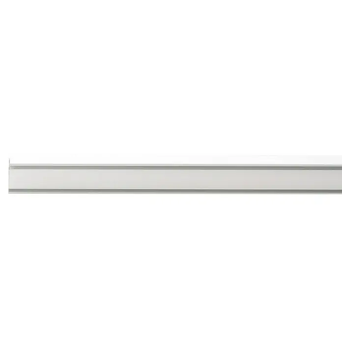 Vorhangschiene Level Verdunkelungssystem - Weiß, Länge: 150 cm, Anzahl Läufe: 2 Stk. - Nahaufnahme einer weißen Regalschiene mit grauen Akzenten, ideal für flexible Regalsysteme und Wandgestaltung im modernen Design.