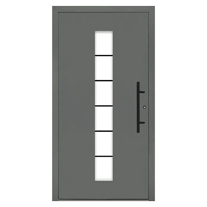 Splendoor Haustür Premium Bonn - 100 cm x 210 mm, DIN Anschlag: Rechts, Graualuminium - Moderne Haustür in Anthrazitgrau mit senkrechtem Glaseinsatz und einem minimalistischen, langen Griff. Die Tür strahlt Eleganz und Sicherheit aus.