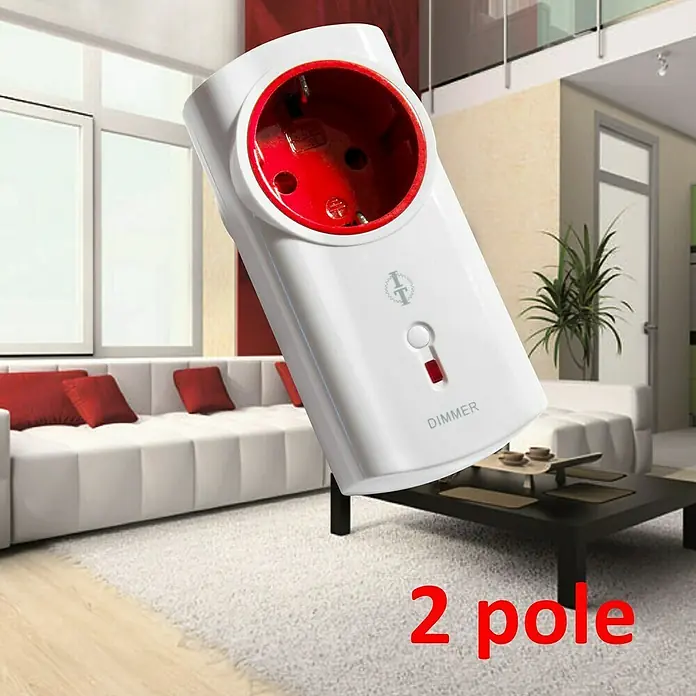 Intertechno Funk-Dimmer Zwischenstecker ITLR-200 - Max. Anschlussleistung: 200 W, 2-polige Abschaltung - Nahaufnahme eines weißen Dimmers mit rotem Inneren, hervorgehoben als "2-polig" für detaillierte Produktinformationen.