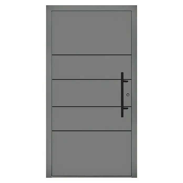 Splendoor Haustür Premium Kiel - 100 cm x 210 mm, DIN Anschlag: Rechts, Graualuminium - Moderne Haustür in Grau mit horizontalen Linien und einem schlanken, vertikalen Türgriff aus dunklem Metall. Elegantes Design für jeden Eingangsbereich.