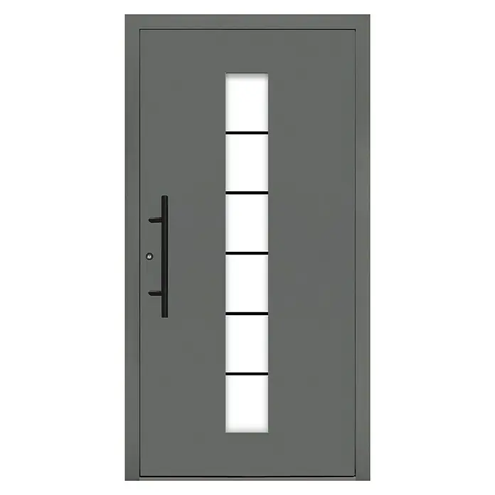 Splendoor Haustür Premium Bonn - 110 cm x 210 mm, DIN Anschlag: Links, Graualuminium - Graue Haustür mit einem vertikalen Fenster mit fünf Abschnitten und einem langen schwarzen Griff.