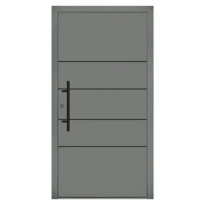 Splendoor Haustür Premium Kiel - 110 cm x 210 mm, DIN Anschlag: Links, Graualuminium - Moderne graue Haustür mit horizontalen Linien und einem langen, schwarzen Griff, die ein stilvolles und sicheres Erscheinungsbild bietet.