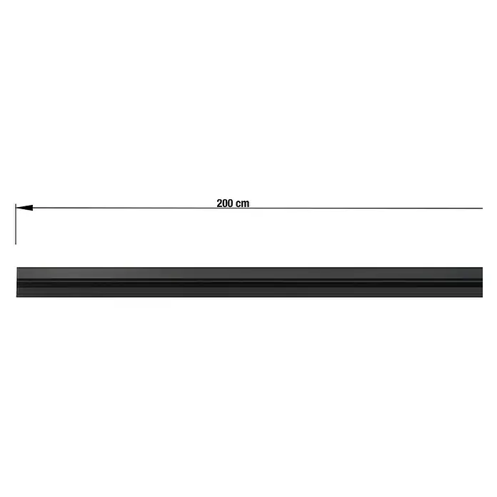 Vorhangschiene Level Verdunkelungssystem - Schwarz, Länge: 200 cm, Anzahl Läufe: 1 Stk. - Produktabbildung mit Maßangabe (200 cm), das die Länge eines Artikels oder Produkts hervorhebt, um seine Größe zu verdeutlichen.