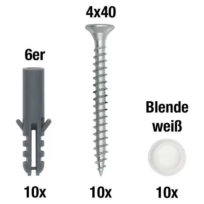 Schrauben-Set Level - Passend für: Level Vorhangschienen, 10 Stk. - Montageset mit je 10 grauen 6mm Dübeln, 4x40mm Metallschrauben und weißen Abdeckkappen.