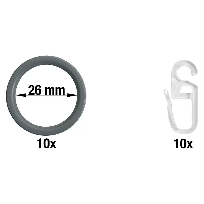 Expo Ambiente Flachring Jetran - Medium Gray, Geeignet für: Gardinenstangen Ø 16/20 mm, 10 Stk. - Set aus 10 grauen Ringen (26 mm Durchmesser) und 10 transparenten Kunststoffhaken.