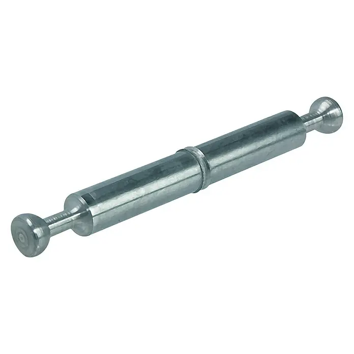 Häfele Perno doble - Dimensión de taladrado: 34 mm - Primer plano de un perno de puerta metálico con extremos redondeados sobre un fondo blanco, resaltando su superficie brillante.