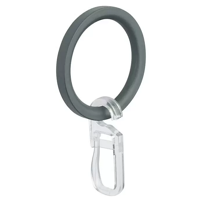 Expo Ambiente Flachring Jetran - Medium Gray, Geeignet für: Gardinenstangen Ø 16/20 mm, 10 Stk. - Dunkelgrauer Gardinenring mit transparentem Kunststoffclip zum Aufhängen von Gardinen.