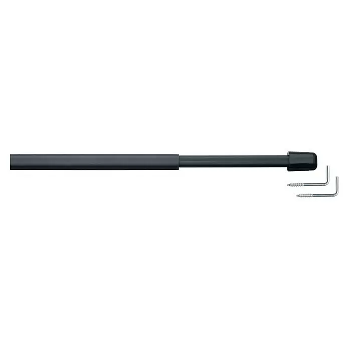 Expo Ambiente Vitragestange Simple - Auszugslänge: 80 cm - 150 cm, Anthrazit, Gesamtstückzahl: 2 Stk. - Teleskopische dunkelgraue Gardinenstange mit zwei silbernen L-förmigen Schraubhaken zum Aufhängen von Vorhängen.