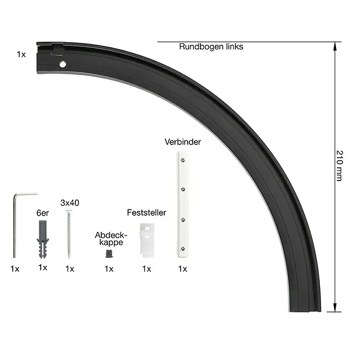 Rundbogen Level Verdunkelungssystem - Anzahl Läufe: 1 Stk., Schwarz, Links gebogen - Bild von einem schwarzen gebogenen Vorhangprofil mit Zubehör wie Schrauben, Dübeln und Verbindungsstücken.