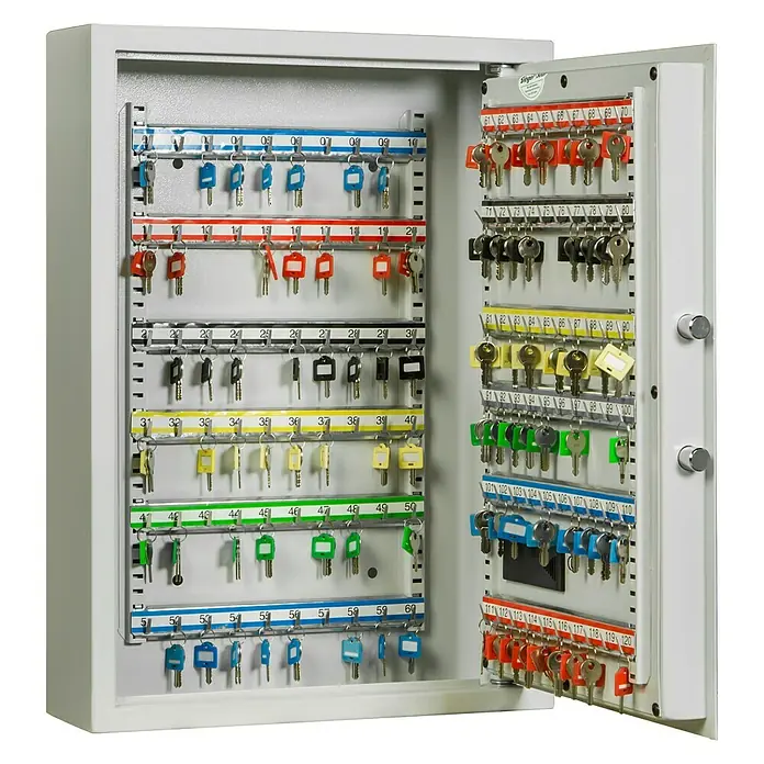 Format Schlüsselschrank SLE 120 - Elektronisches Zahlenschloss, L x B x H: 130 x 460 x 630 mm - Ansicht eines geöffneten Schlüsseltresors, in dem zahlreiche Schlüssel an nummerierten Haken hängen, die eine organisierte Aufbewahrung ermöglichen.
