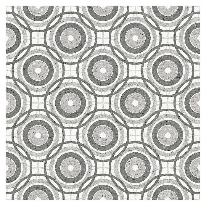 Feinsteinzeugfliese Vintage Mix - 25 x 25 cm, Weiß/Grau, Matt - Graues Terrazzomuster mit sich überlappenden Kreisen und Punkten, das eine stilvolle und moderne Oberfläche bildet.