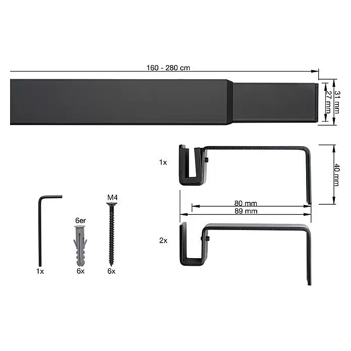 Stilgarnitur Up Right - Länge Gardinenstange: 160 cm - 280 cm, Schwarz - Schwarze ausziehbare Gardinenstange mit einem großen, zwei kleineren Haltern und Montagematerial (Inbusschlüssel, Dübel, Schrauben).