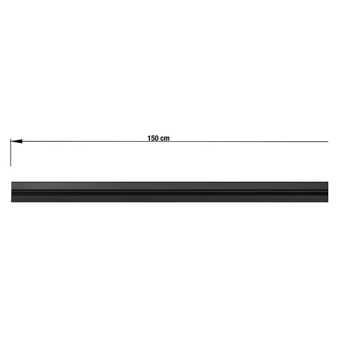 Vorhangschiene Level Verdunkelungssystem - Schwarz, Länge: 150 cm, Anzahl Läufe: 1 Stk. - Abbildung einer schwarzen 150 cm langen Sockelleiste zur Illustration von Abmessungen. Ideal für Heimwerkerprojekte und Innenausbau.