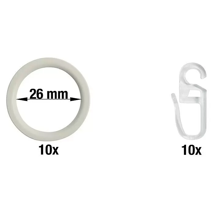 Expo Ambiente Flachring Jetran - Warm Gray, Geeignet für: Gardinenstangen Ø 16/20 mm, 10 Stk. - Zwei Sets mit je 10 Gardinenzubehörteilen: 26mm weiße Ringe und transparente Kunststoffhaken.