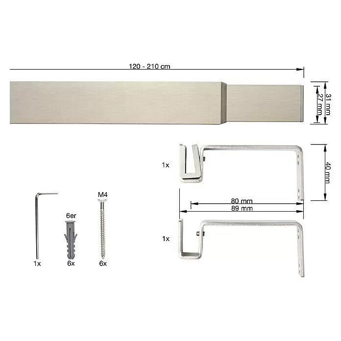 Stilgarnitur Up Right - Länge Gardinenstange: 120 cm - 210 cm, Edelstahl-Optik - Ausziehbare Vorhangstange aus gebürstetem Metall (120-210 cm) mit Rechteckprofil, zwei Halterungen, Inbusschlüssel, 6 Dübeln und 6 M4-Schrauben.
