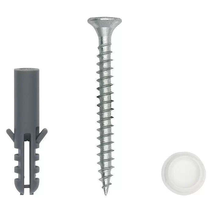 Schrauben-Set Level - Passend für: Level Vorhangschienen, 10 Stk. - Grauer Kunststoffdübel, silberne Metallschraube und weiße Kunststoff-Schraubkappe zur sicheren Befestigung.
