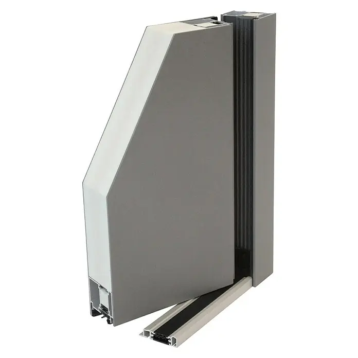 Splendoor Haustür Premium Kiel - 110 cm x 210 mm, DIN Anschlag: Links, Graualuminium - Nahaufnahme einer modernen, grauen Türkonstruktion mit Dämmung und Profilen, die ihre hochwertige Bauweise und Funktionalität hervorhebt.