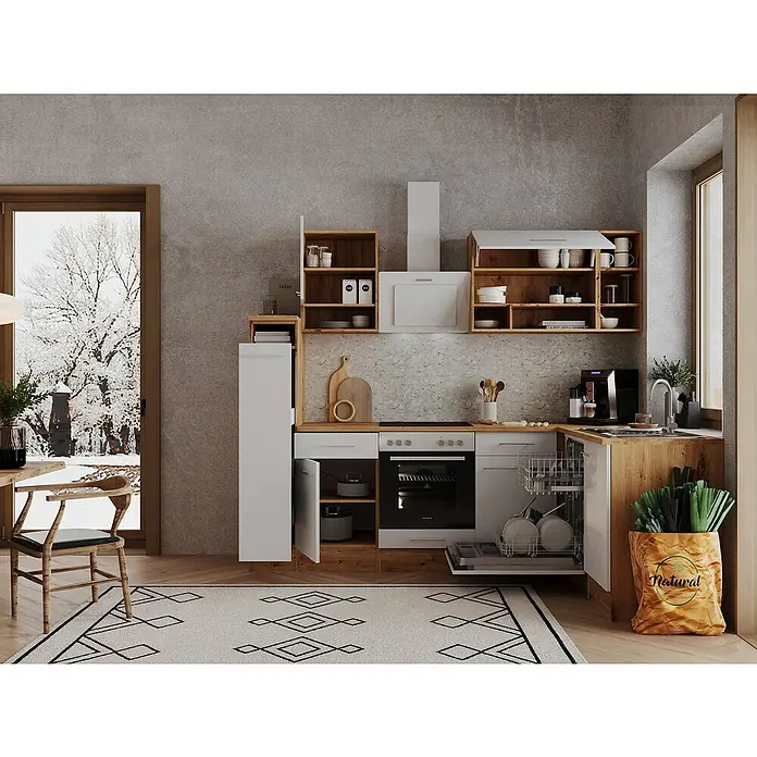 Respekta Küchenleerblock Hilde - Breite: 250 cm, Weiß, Matt, Holzoptik, Ohne Elektrogeräte - Eine moderne Küche mit Holzregalen, weißen Schränken und einem Geschirrspüler, der teilweise geöffnet ist, um das Geschirr zu zeigen.