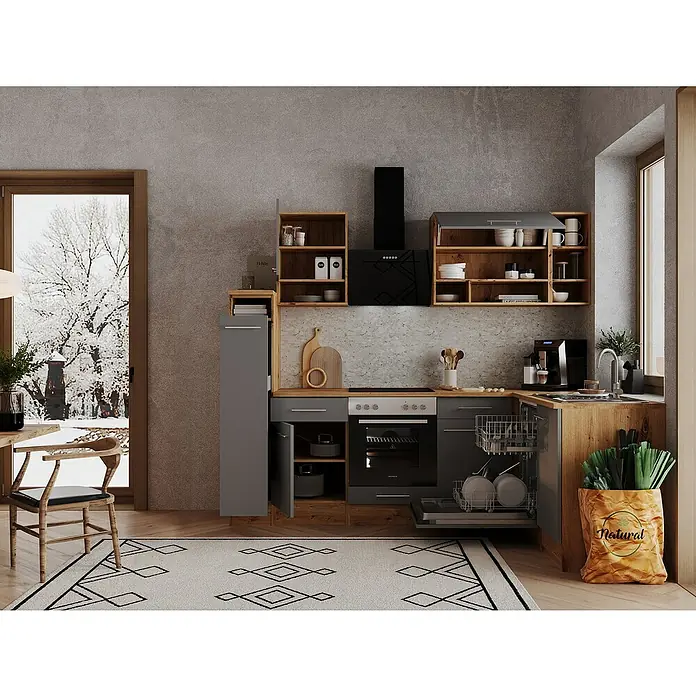 Respekta Küchenleerblock Hilde - Breite: 250 cm, Grau, Matt, Holzoptik, Ohne Elektrogeräte - Küchenansicht mit modernen Möbeln, inklusive Spülmaschine und Dekoration. Das Design kombiniert Holz und Grau für einen stilvollen Look.