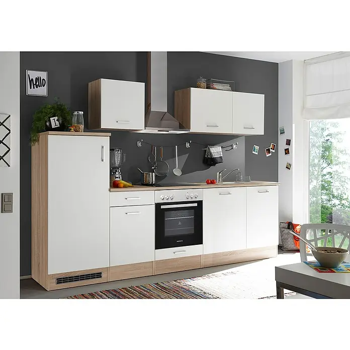 Respekta Küchenleerblock Petunia - Breite: 280 cm, Weiß, Ohne Elektrogeräte - Helle Küche mit weißen Schränken, Geräten und Holzakzenten, die eine moderne und funktionale Raumatmosphäre schaffen.
