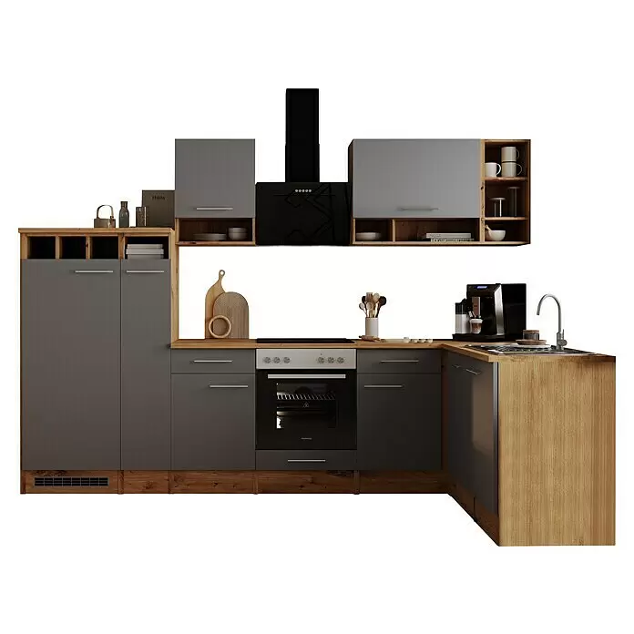 Respekta Küchenleerblock Hilde - Breite: 310 cm, Grau, Matt, Holzoptik, Ohne Elektrogeräte - Moderne graue Küchenzeile mit Holzakzenten, integriertem Backofen, Kochfeld, Spüle und Kaffeemaschine.