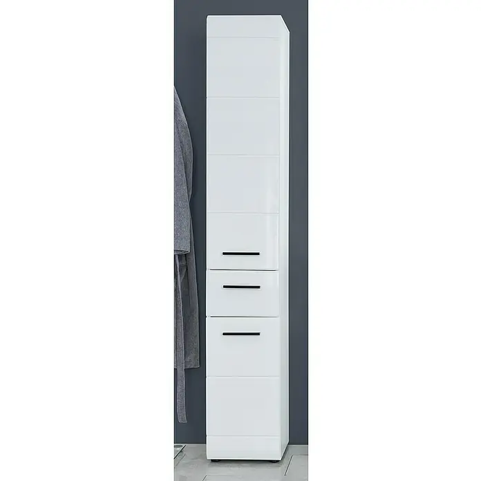 Trendteam Skin Bad-Hochschrank - B x T x H: 30 x 31 x 182 cm, Weiß - Der elegante, weiße Hochschrank mit schwarzen Griffen bietet stilvollen Stauraum im Badezimmer und verleiht ihm eine moderne Note.