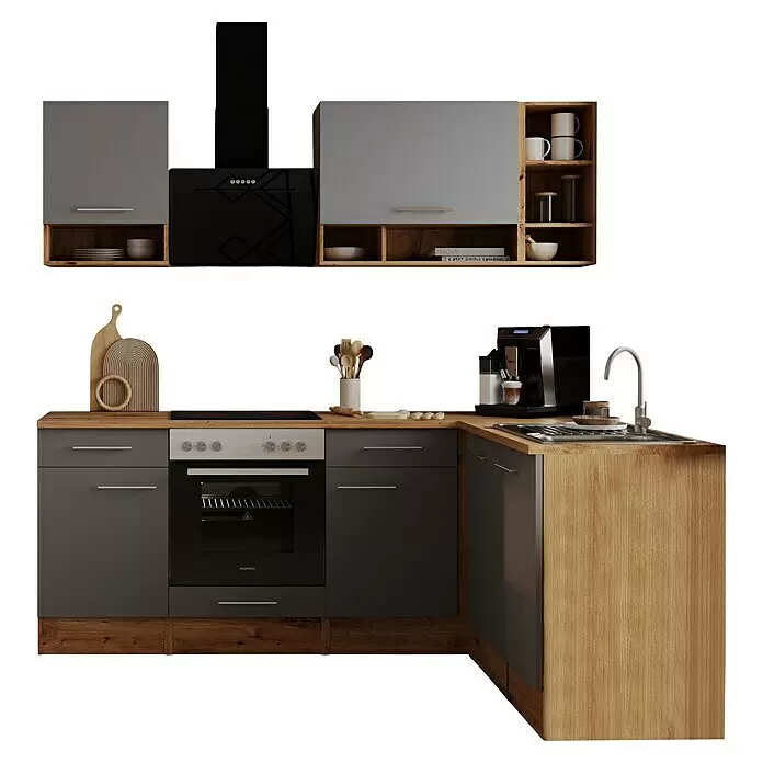 Respekta Küchenleerblock Hilde - Breite: 220 cm, Grau, Matt, Holzoptik, Ohne Elektrogeräte - Moderne Küche in Dunkelgrau und Holz mit schwarzen Geräten, Spüle und Kaffeemaschine.