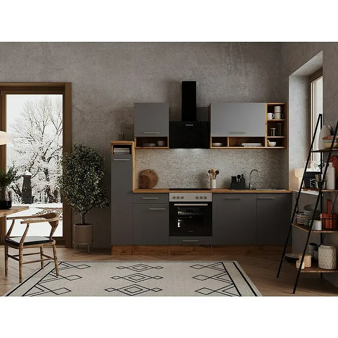 Respekta Küchenleerblock Hilde - Breite: 250 cm, Grau, Matt, Ohne Elektrogeräte, Holzoptik - Elegante Küchenzeile in Grau mit Holzelementen und modernen Geräten. Die helle Arbeitsplatte und der Winterblick runden das Design ab.