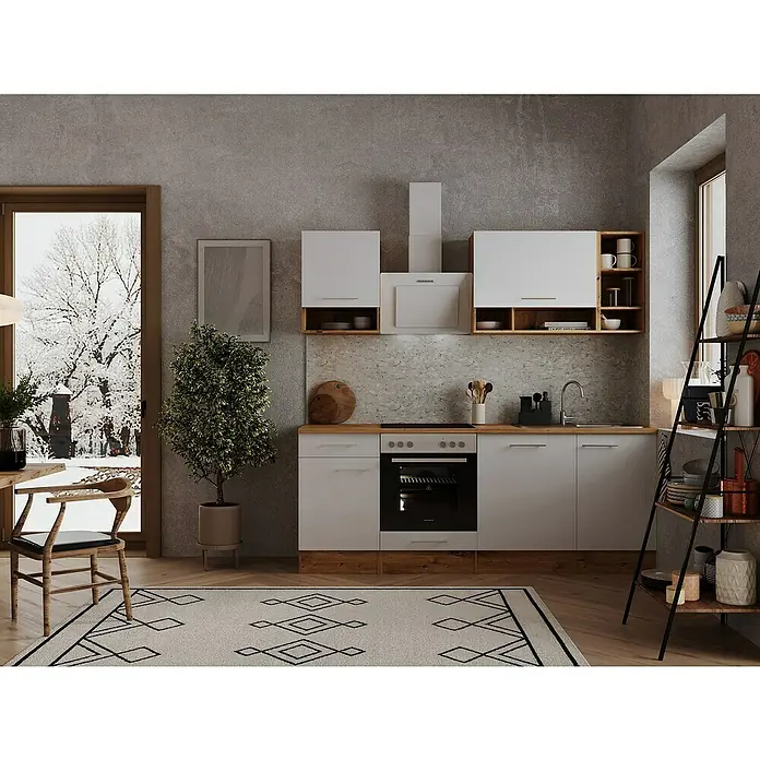 Respekta Küchenleerblock Hilde - Breite: 220 cm, Weiß, Matt, Ohne Elektrogeräte, Holzoptik - Eine moderne Küche in Grau und Weiß mit Holzdetails, die eine einladende Atmosphäre schafft.  Die klaren Linien und die stilvolle Einrichtung fallen auf.