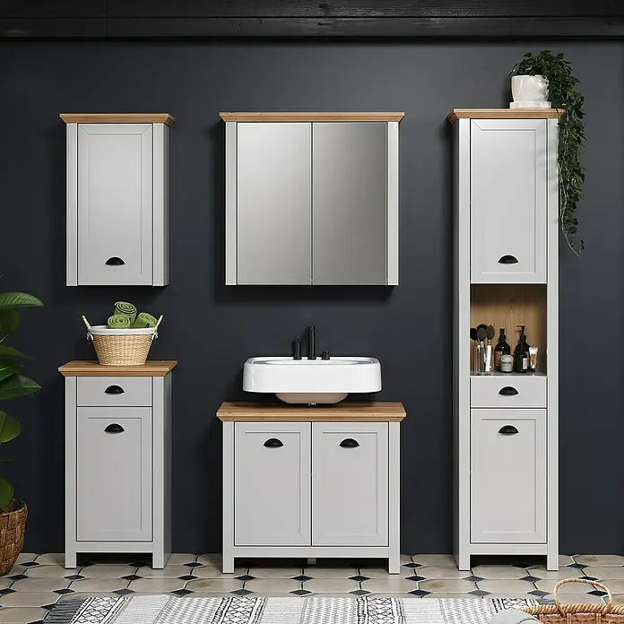 Trendteam Landside Spiegelschrank - B x H: 78 x 73 cm, Ohne Beleuchtung, Holz, Lichtgrau/Artisan Eiche - Elegantes Badezimmer-Set in Grau mit Holzplatte, bestehend aus Waschtischunterschrank, Spiegelschrank und Hochschrank für ein stilvolles Ambiente.
