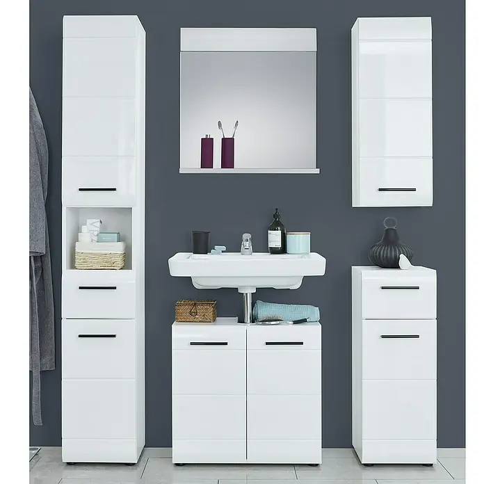 Trendteam Skin Unterschrank - 30 x 31 x 79 cm, Weiß - Badezimmer-Set mit weißen Schränken, Waschbecken mit Unterschrank und Spiegel. Das moderne Design sorgt für ein stilvolles Ambiente im Bad.