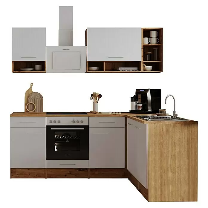 Respekta Küchenleerblock Hilde - Breite: 220 cm, Weiß, Matt, Holzoptik, Ohne Elektrogeräte - Moderne Küche mit weißen Schränken, hellen Holz-Arbeitsplatten und dunklen Holzsockeln, ausgestattet mit Ofen, Spüle und Kaffeemaschine.