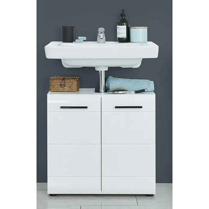 Trendteam Skin Waschtischunterschrank - 60 x 31 x 56 cm, Weiß, Glänzend - Badezimmermöbel mit Waschbecken, weißen Schränken und Ablagefläche für Badutensilien. Elegantes Design für moderne Badezimmer.