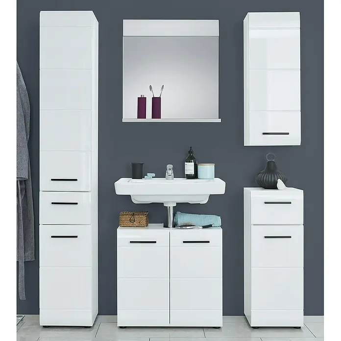 Trendteam Skin Hängeschrank - 30 x 23 x 77 cm, Weiß - Badezimmer-Set in Weiß mit Waschbeckenunterschrank, Spiegel, Hängeschrank und Hochschrank für ein modernes Badambiente.