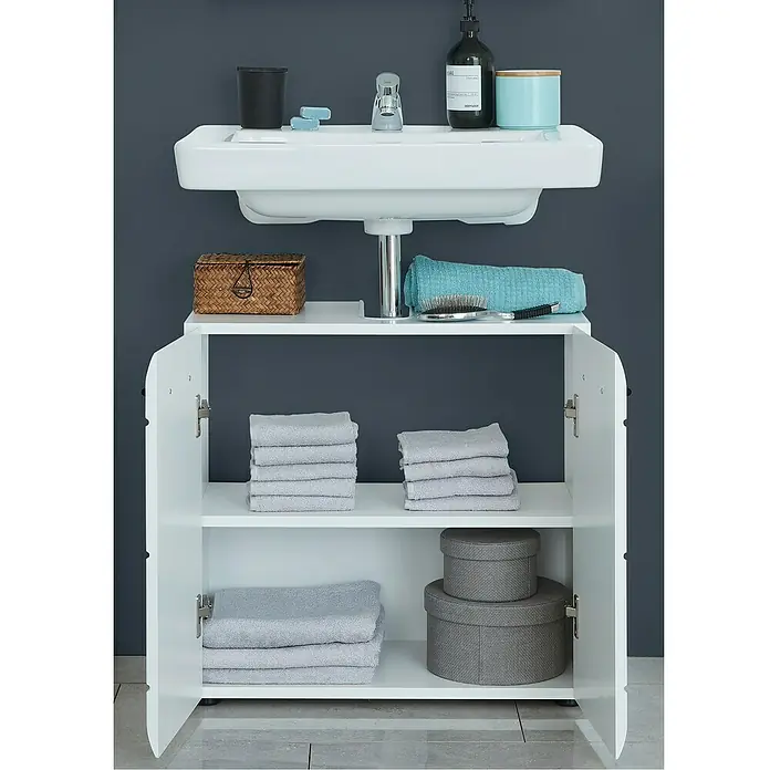 Trendteam Skin Waschtischunterschrank - 60 x 31 x 56 cm, Weiß, Glänzend - Ein weißer Badezimmerschrank mit offenstehenden Türen, der Handtücher und andere Badutensilien unter einem Waschbecken beherbergt.