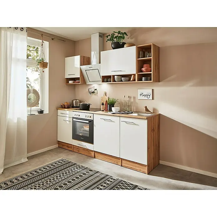 Respekta Küchenleerblock Hilde - Breite: 220 cm, Weiß, Matt, Ohne Elektrogeräte, Holzoptik - Moderne Küche mit weißen Schränken und Holzdetails bietet stilvollen Stauraum. Die Einrichtung wirkt einladend und funktional.