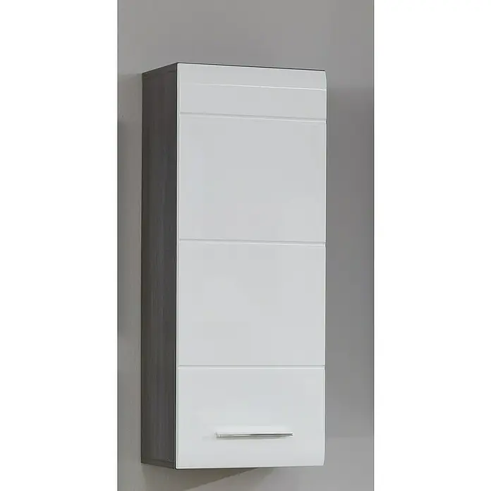 Trendteam Line Hängeschrank - 30 x 24 x 77 cm, Sardegna Silber/Weiß - Ein schmaler, hängender Badezimmerschrank in Weiß und Holzoptik mit einem minimalistischen Griff. Praktische Badmöbel zur Wandmontage.