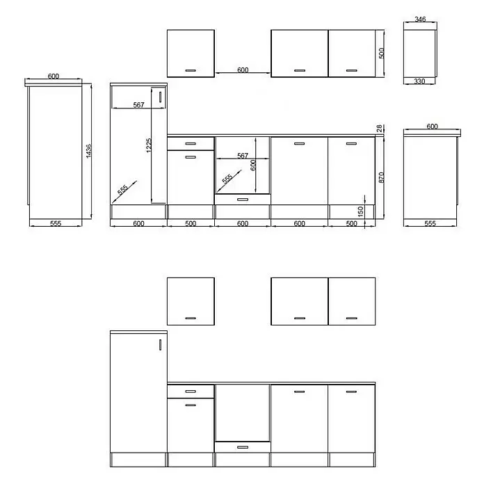Respekta Küchenleerblock Petunia - Breite: 280 cm, Weiß, Ohne Elektrogeräte - Technische Zeichnung modularer Küchenschränke, mit verschiedenen Unter-, Ober- und Hochschränken und präzisen Maßen.