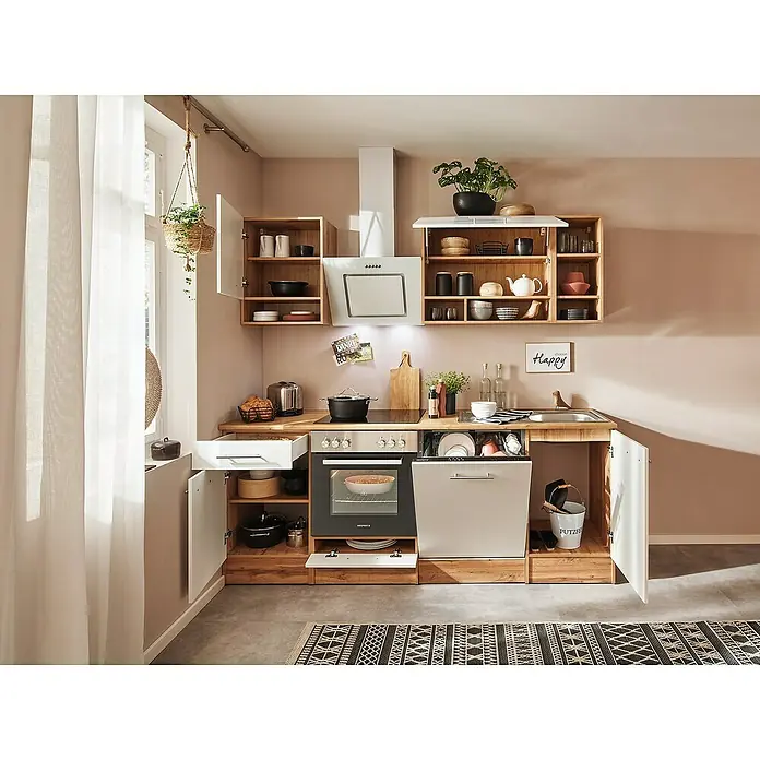 Respekta Küchenleerblock Hilde - Breite: 220 cm, Weiß, Matt, Ohne Elektrogeräte, Holzoptik - Eine gemütliche Küche mit Holzschränken, weißen Fronten und modernen Geräten, die Funktionalität und Stil vereint.