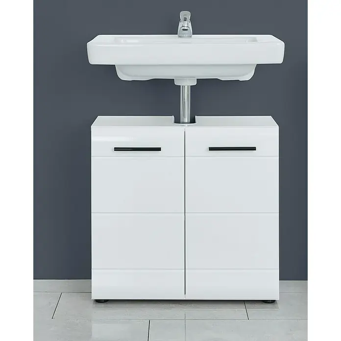 Trendteam Skin Waschtischunterschrank - 60 x 31 x 56 cm, Weiß, Glänzend - Ein moderner weißer Waschtischunterschrank mit einem Aufsatzwaschbecken und chromfarbener Armatur vor einer grauen Wand.