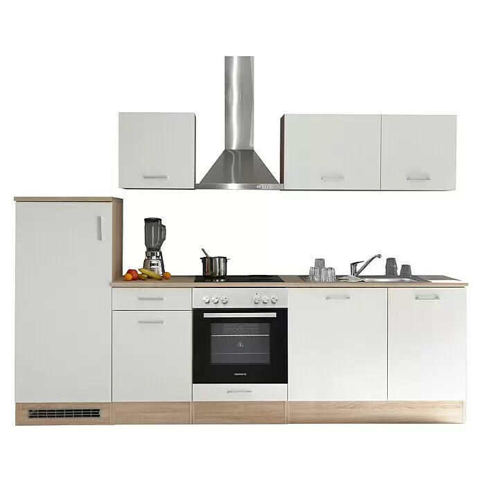 Respekta Küchenleerblock Petunia - Breite: 280 cm, Weiß, Ohne Elektrogeräte - Weiße und hellbraune Küchenzeile mit Kühlschrank, Backofen, Herd, Spüle, Dunstabzugshaube und Wandschränken.