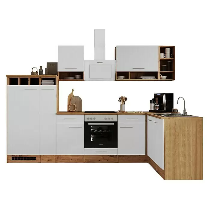 Respekta Küchenleerblock Hilde - Breite: 310 cm, Weiß, Matt, Holzoptik, Ohne Elektrogeräte - Moderne L-förmige Küche mit weißen Schränken, hellen Holz-Arbeitsplatten und -Akzenten, integriertem Backofen, Kochfeld, Spüle und Stauraum.