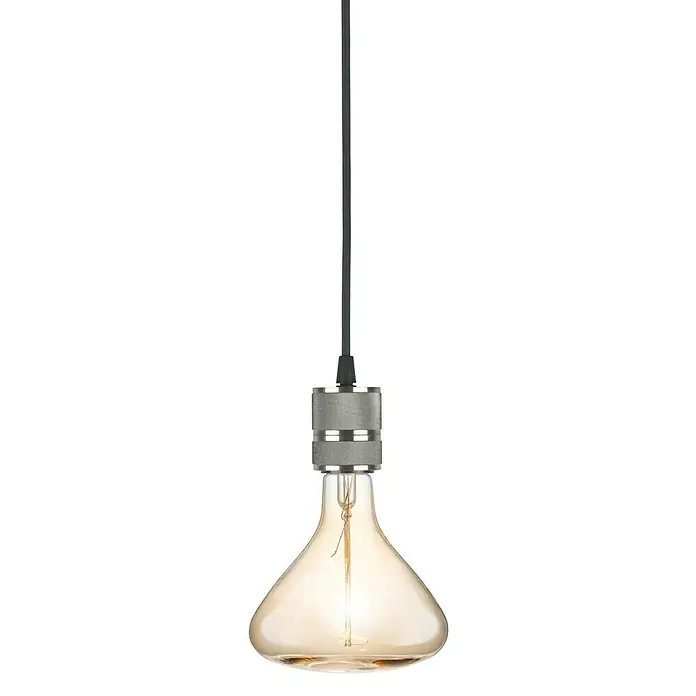 Home Sweet Home Textilkabel Meterware - Grau, 0,75 mm², 3 - Nahaufnahme einer Hängelampe mit einer Edison-Glühbirne, die ein warmes Licht ausstrahlt. Die Lampe hat ein modernes, industrielles Design.