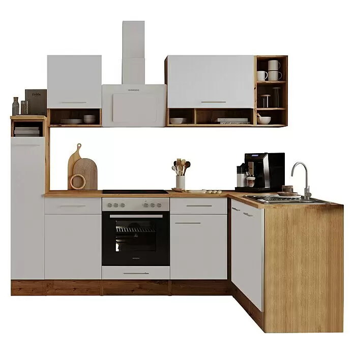 Respekta Küchenleerblock Hilde - Breite: 250 cm, Weiß, Matt, Holzoptik, Ohne Elektrogeräte - Moderne L-förmige Küche mit weißen Schränken, hellen Holzplatten und dunklen Holzdetails, inklusive Backofen, Kochfeld, Spüle und Kaffeemaschine.