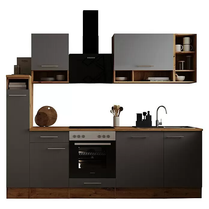 Respekta Küchenleerblock Hilde - Breite: 250 cm, Grau, Matt, Ohne Elektrogeräte, Holzoptik - Moderne Küche mit dunkelgrauen Schränken, hellen Holzregalen, Einbauofen, Kochfeld, Spüle, schwarzer Dunstabzugshaube. Diverse Küchenartikel sind ausgestellt.