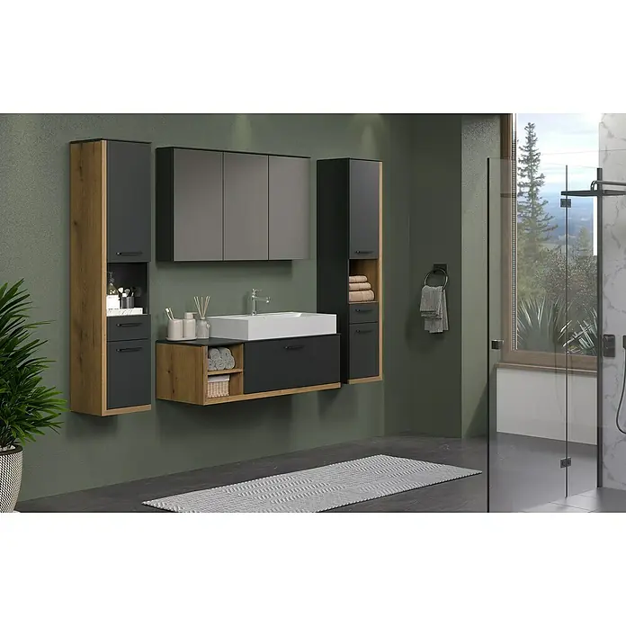 Trendteam Synnax Spiegelschrank - B x H: 120 x 70 cm, Ohne Beleuchtung, Holz, Anthrazit - Ein modernes Badezimmer-Set mit einem stilvollen Waschbecken, Holz-Akzenten und grauen Schränken, das Eleganz und Funktionalität vereint.